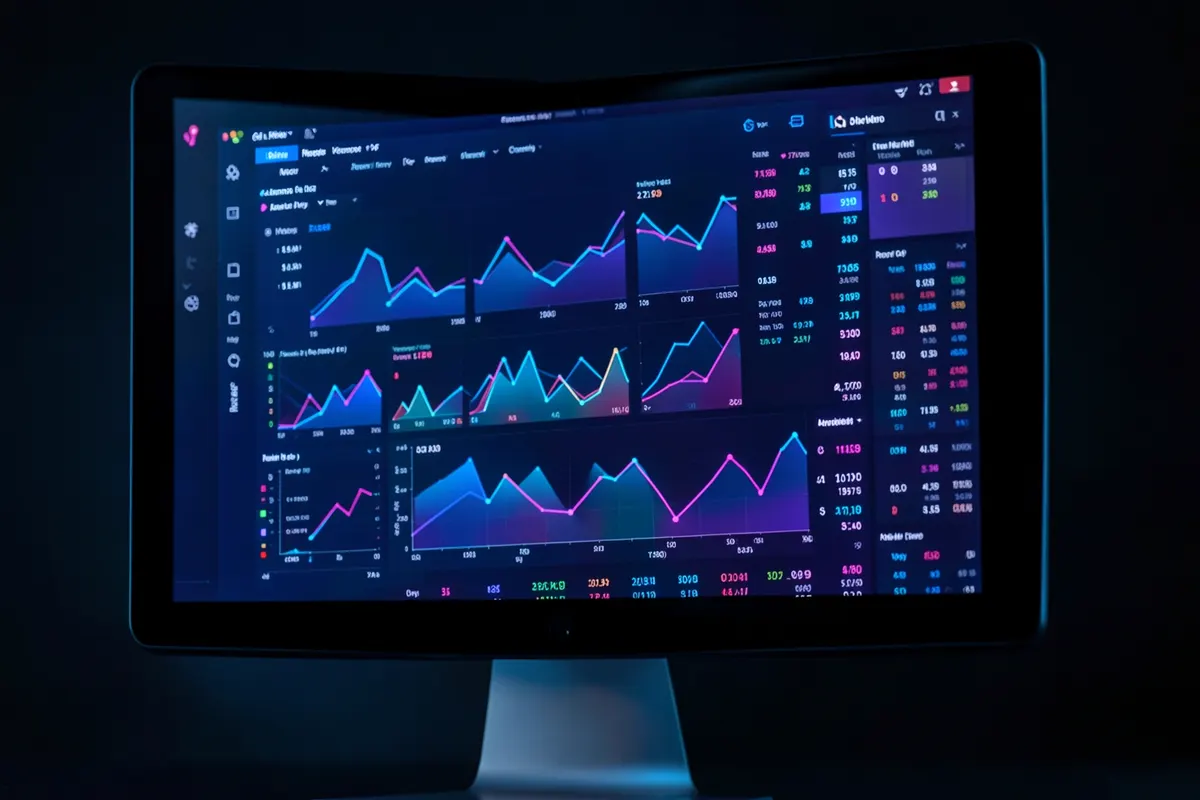 Tela de computador exibindo métricas de análise de vídeo com gráficos e números.