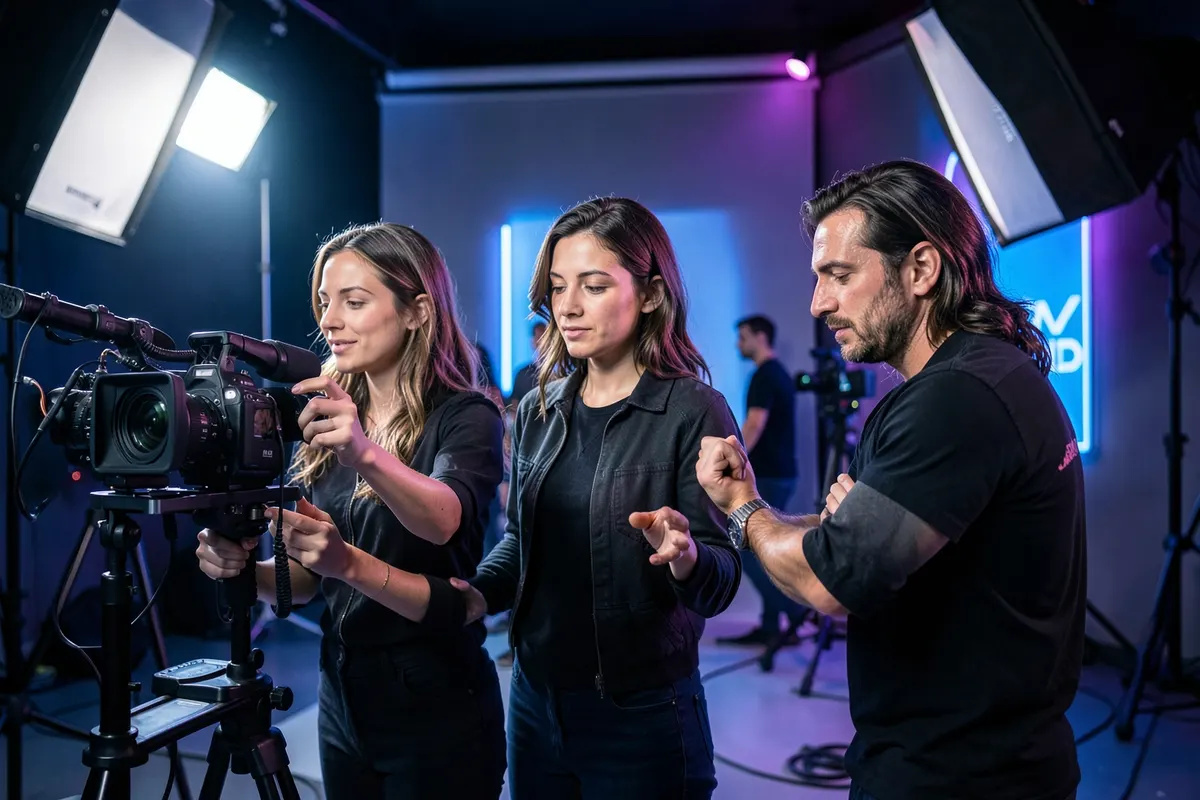 Equipe colaborando em um estúdio de produção de vídeo moderno, com câmeras e equipamentos.