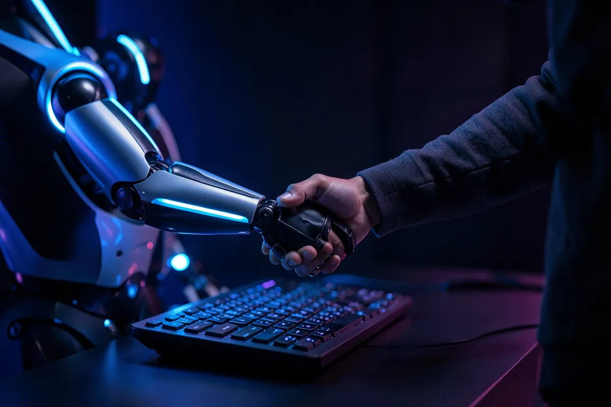 Robô humanoide apertando a mão de um humano sobre um teclado de computador, em plano médio, com luz de LED azul vinda da esquerda, em um momento de colaboração.