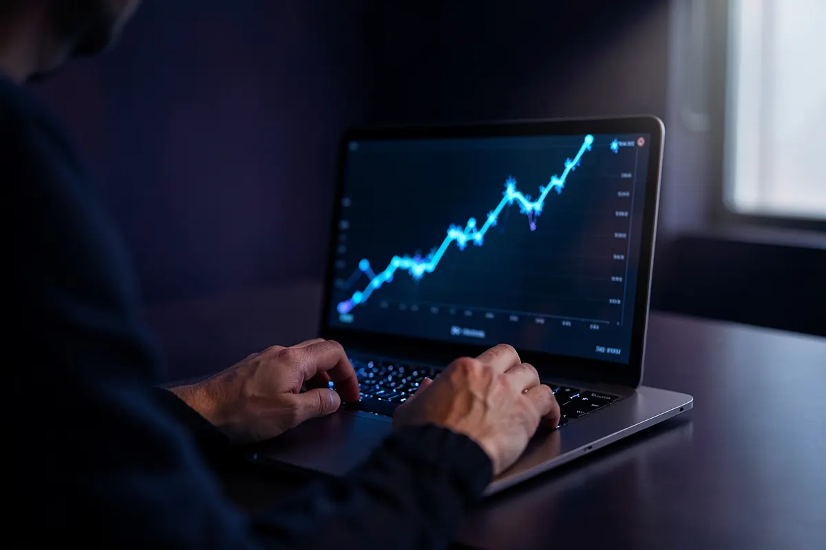 Pessoa usando um laptop com um gráfico de crescimento viral subindo na tela, em plano detalhado, com luz natural de janela vindo da direita, em um momento de análise.