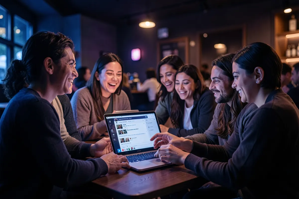 Pessoas diversas interagindo animadamente em frente a um laptop exibindo um feed de rede social, em um café aconchegante.