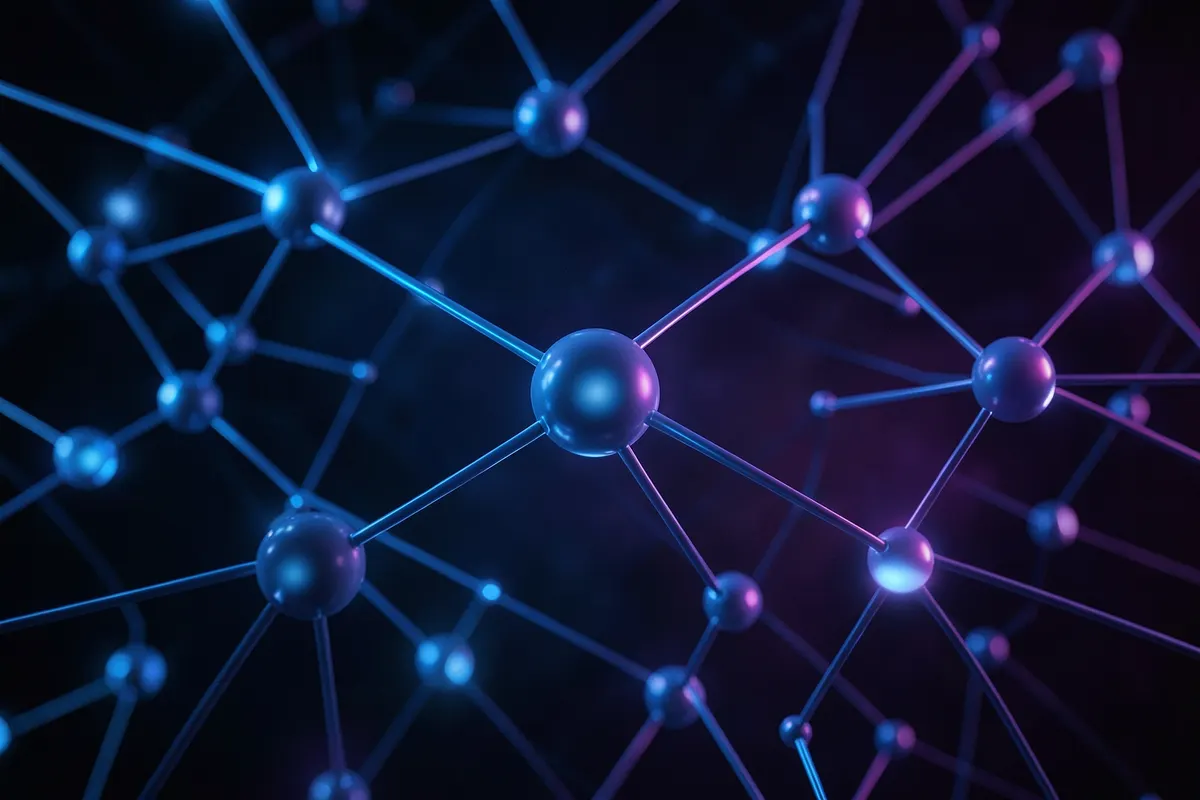 Representação visual de um algoritmo de rede social com nós e conexões interligadas, em tons de azul e roxo.