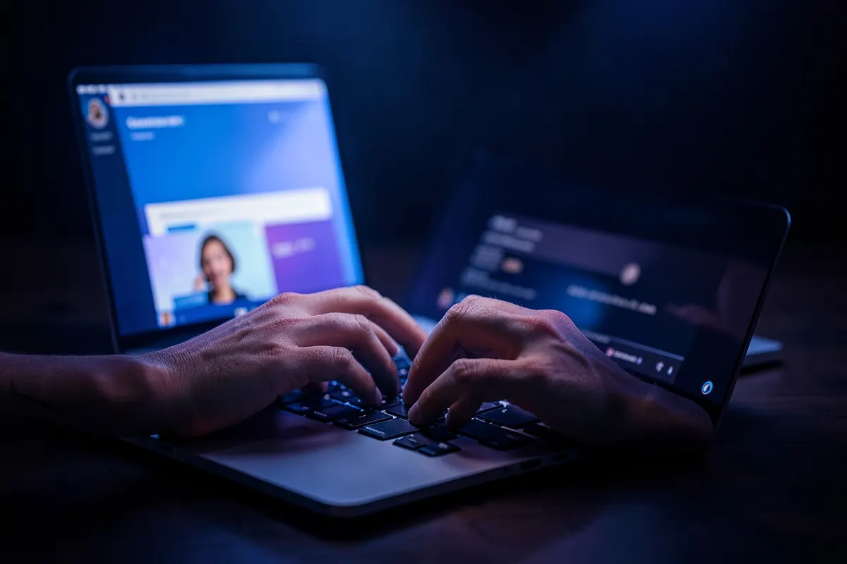 Mãos digitando rapidamente em um teclado de laptop, com uma janela de rede social aberta na tela, em um ambiente de trabalho focado.