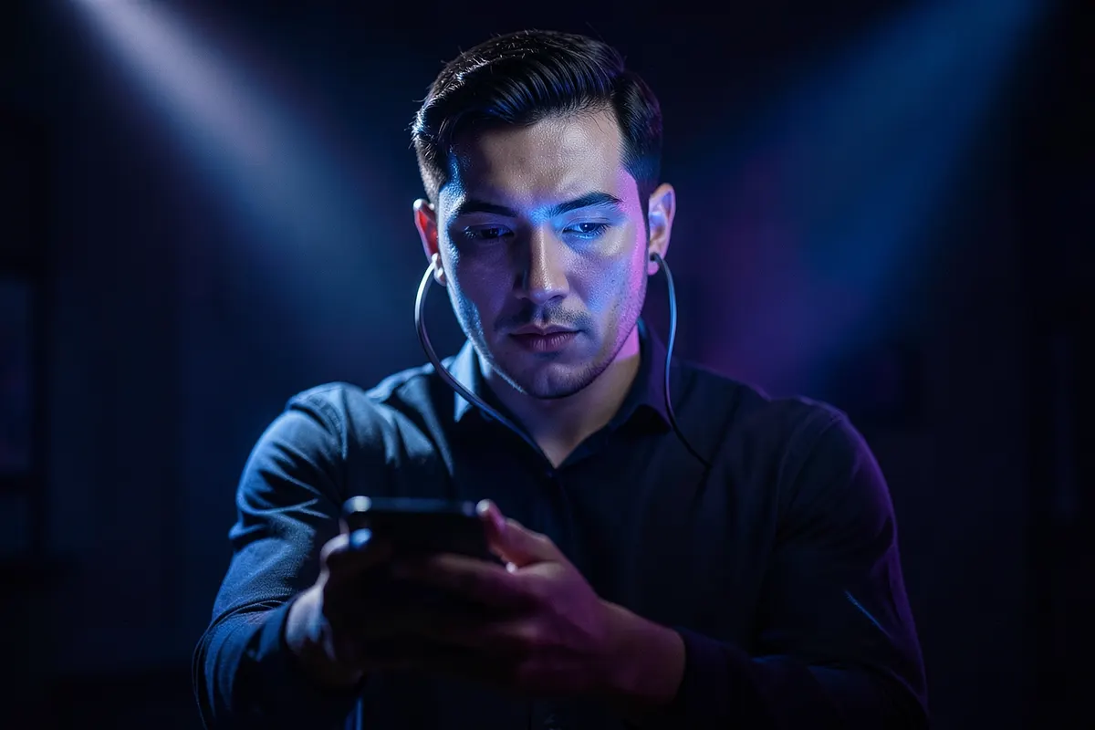 Pessoa gravando vídeo com celular em um ambiente interno, plano médio, luz de anel iluminando o rosto, ação de gravação em andamento