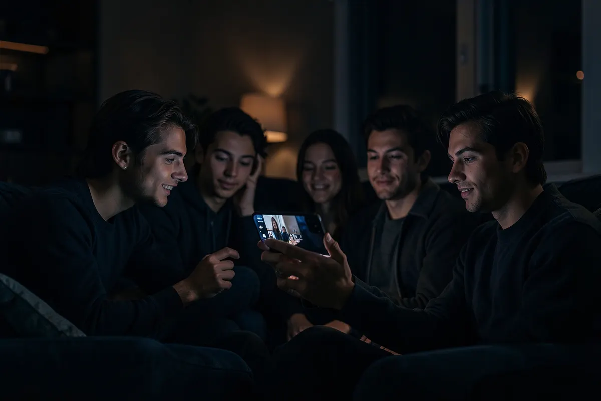 Grupo de jovens assistindo a vídeos em um celular, plano geral, luz ambiente de sala de estar, momento de lazer e entretenimento