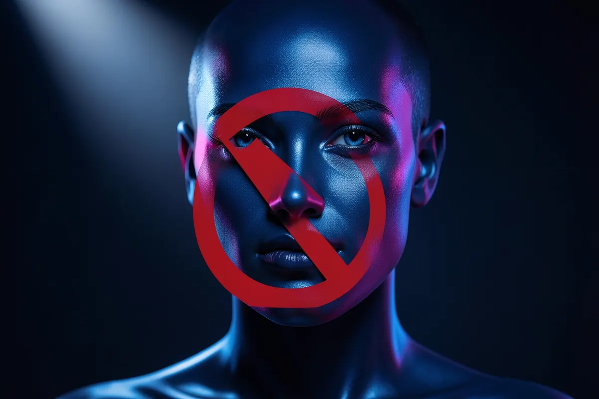 Um símbolo de proibido sobreposto a um avatar digital, indicando restrições legais ou éticas.