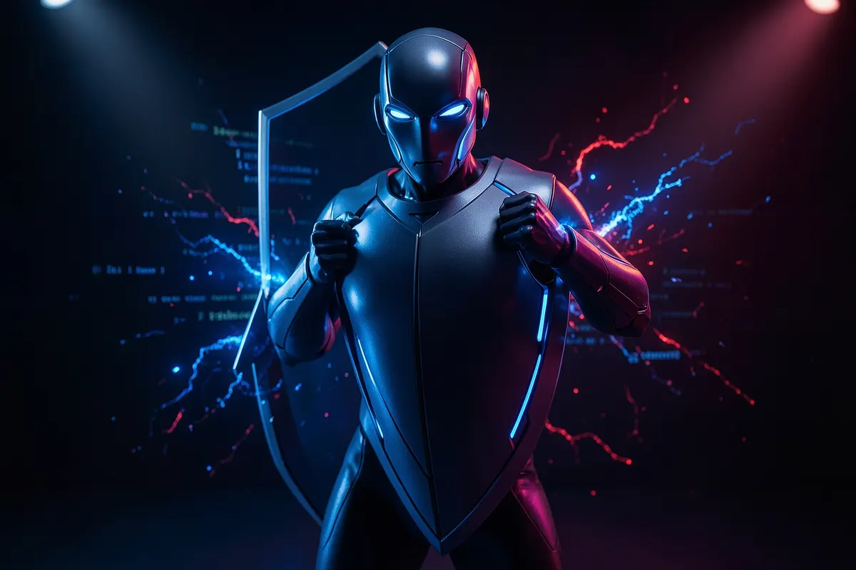 Um escudo digital protegendo um avatar de IA contra ameaças externas representadas por códigos maliciosos.