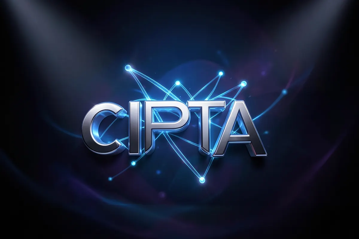Um logotipo estilizado da CIPTA com conexões de rede fluindo através dele, sobre um fundo azul escuro.