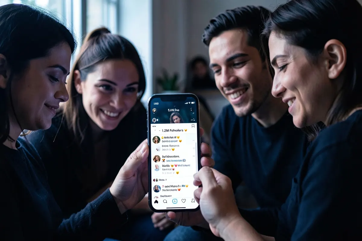 Pessoas olhando atentamente para um celular exibindo um perfil de Instagram com muitos seguidores e curtidas.