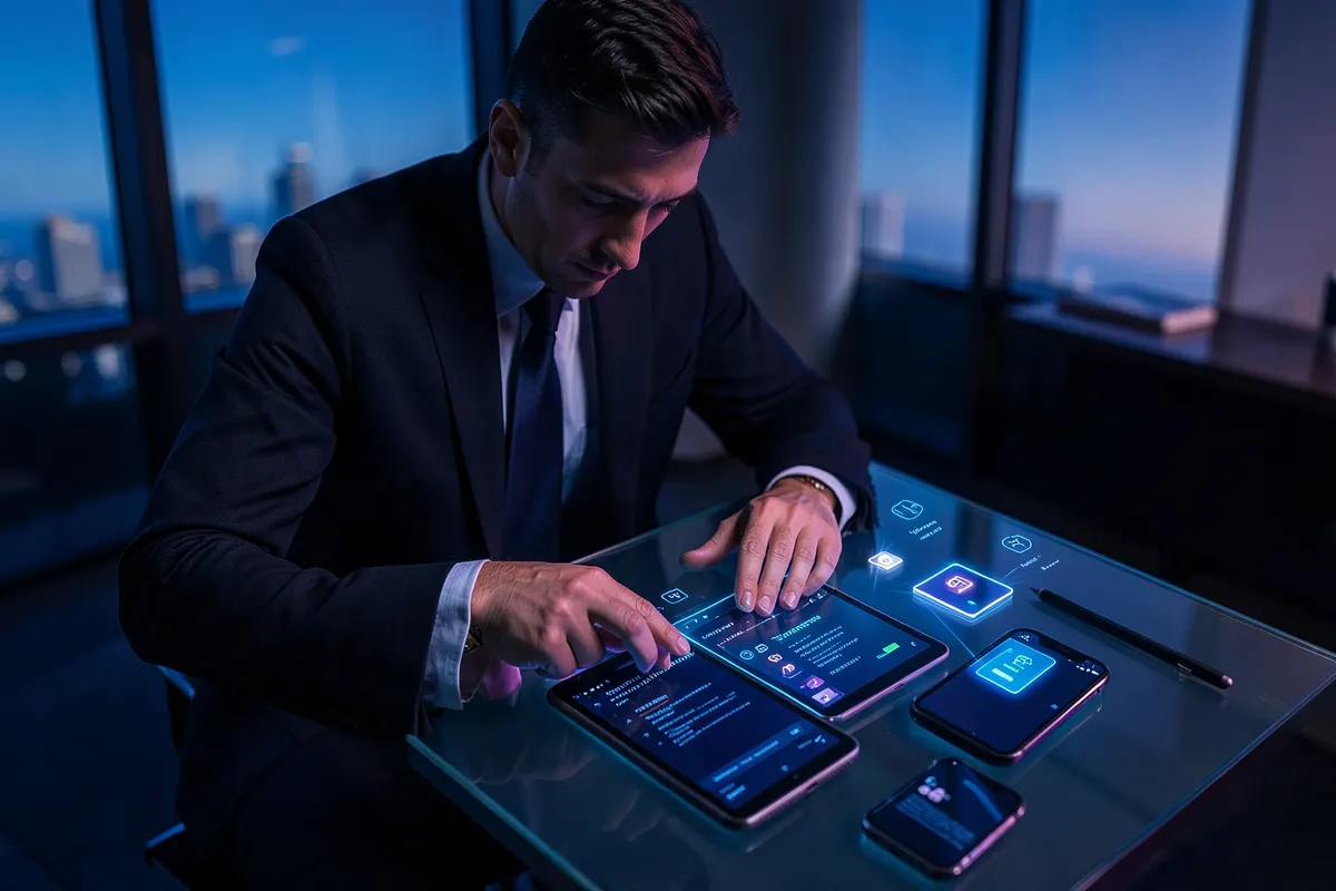 Uma pessoa escolhendo entre várias ferramentas digitais organizadas em uma mesa, representando a seleção de software.