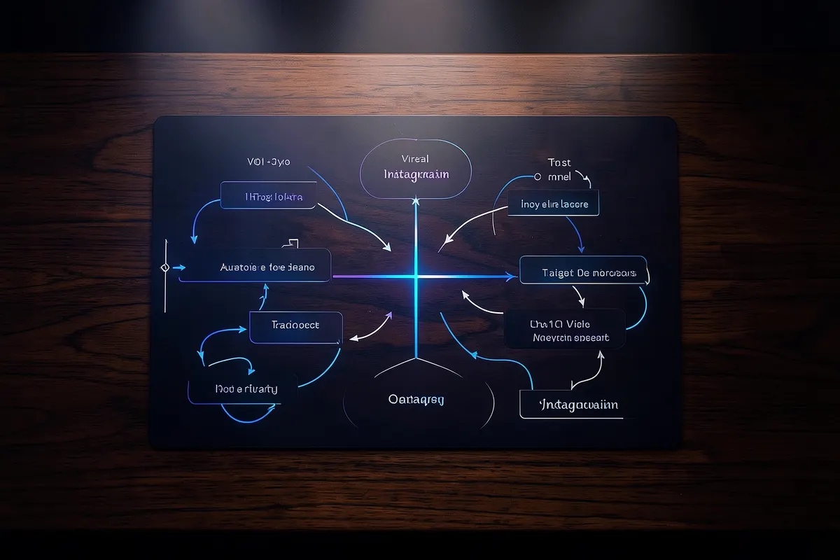 Um diagrama de fluxo mostrando os passos para criar um conteúdo viral no Instagram, com setas indicando o processo.