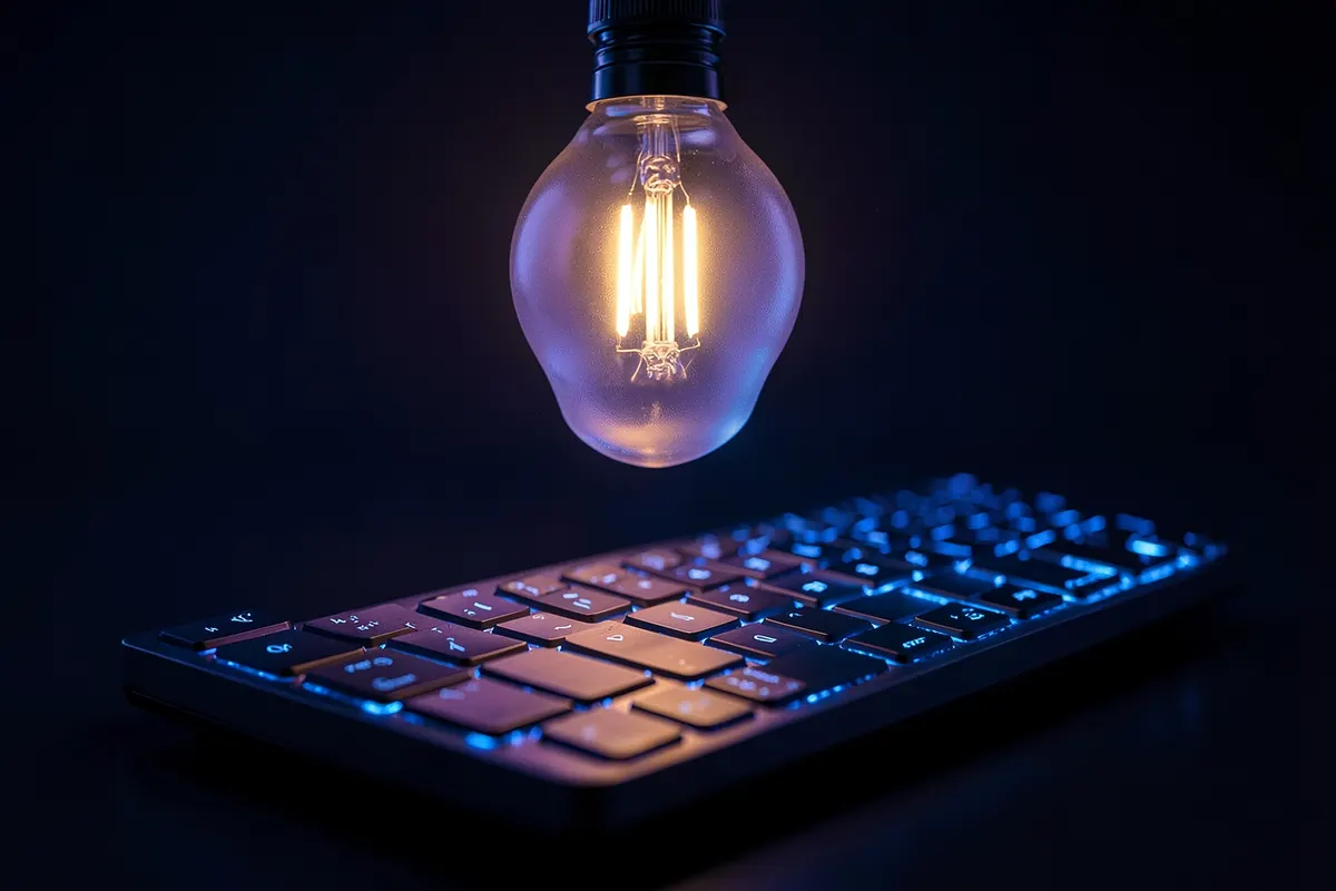 Uma lâmpada acesa sobre um teclado de computador, simbolizando uma ideia brilhante para viralizar.