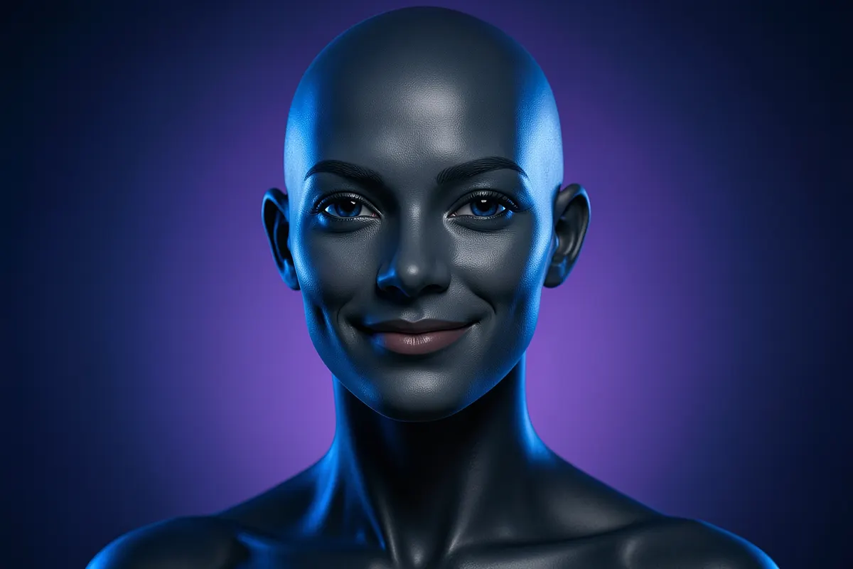 Um avatar de IA com traços humanos sorri para a câmera em um fundo gradiente azul e roxo.