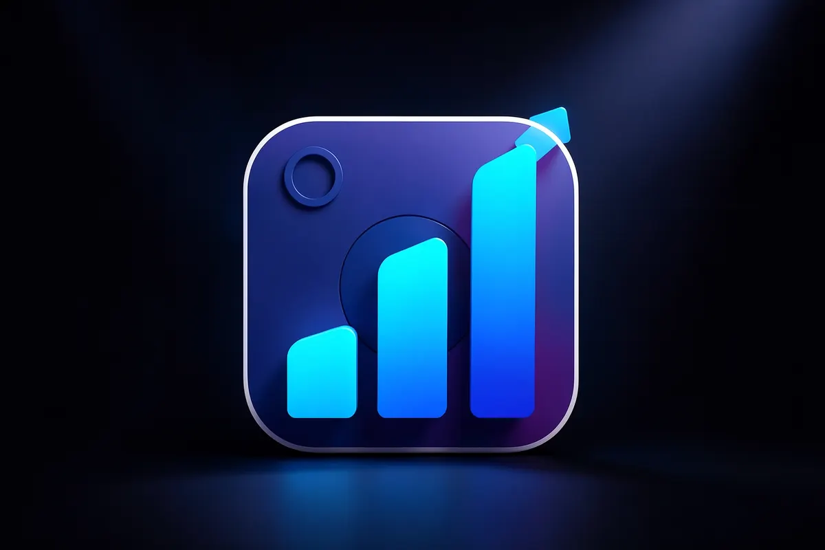 Gráfico de barras ascendente sobreposto a um ícone de câmera de vídeo do Instagram, simbolizando crescimento de visualizações.