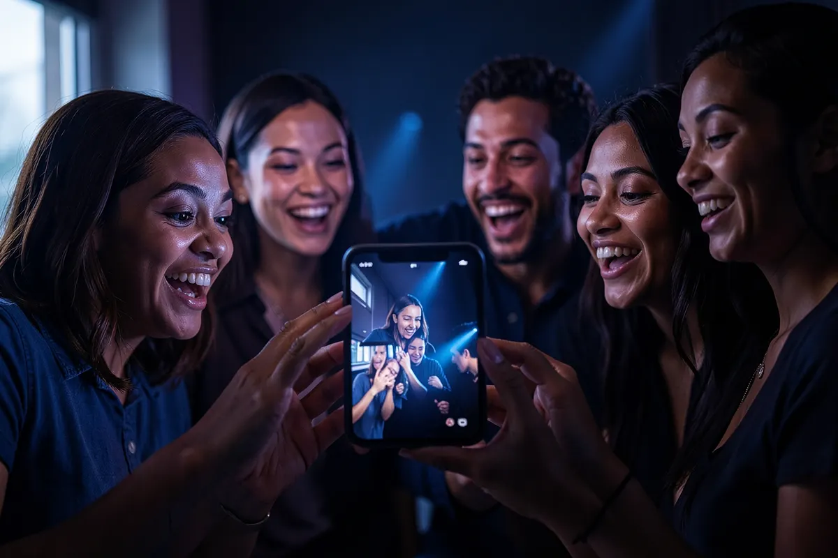 Pessoas de diversas idades reagindo com alegria e surpresa a um vídeo em um celular.