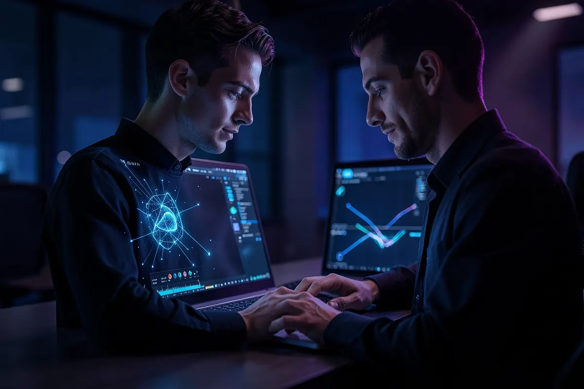 Uma pessoa usando um laptop com software de edição de vídeo e elementos de IA em destaque.