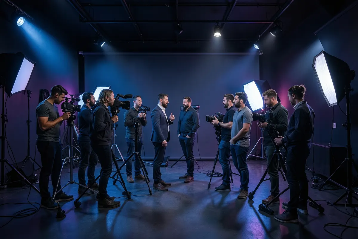 Uma equipe trabalhando em um estúdio de produção de vídeo com equipamentos modernos.