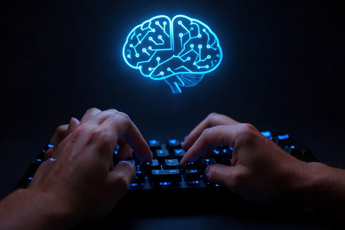 Uma pessoa escrevendo em um teclado com um cérebro estilizado de luzes digitais acima de sua cabeça.