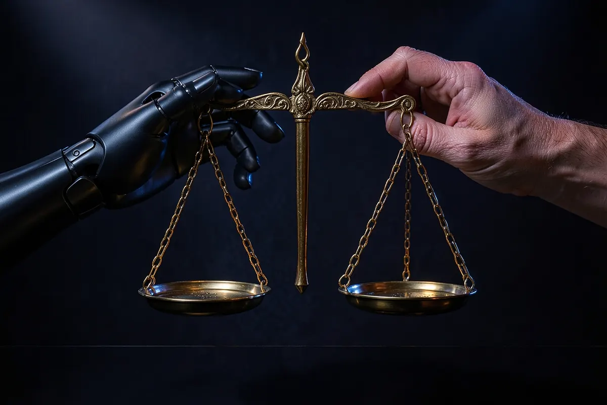 Uma balança de justiça sendo equilibrada por uma mão robótica e uma mão humana.