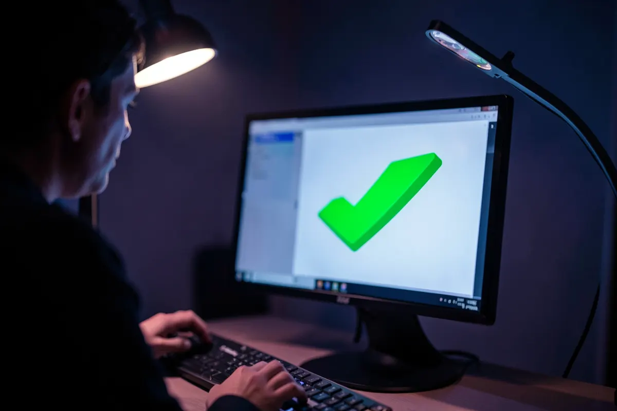 Uma pessoa revisando um documento em um computador com um ícone de checkmark verde ao lado.