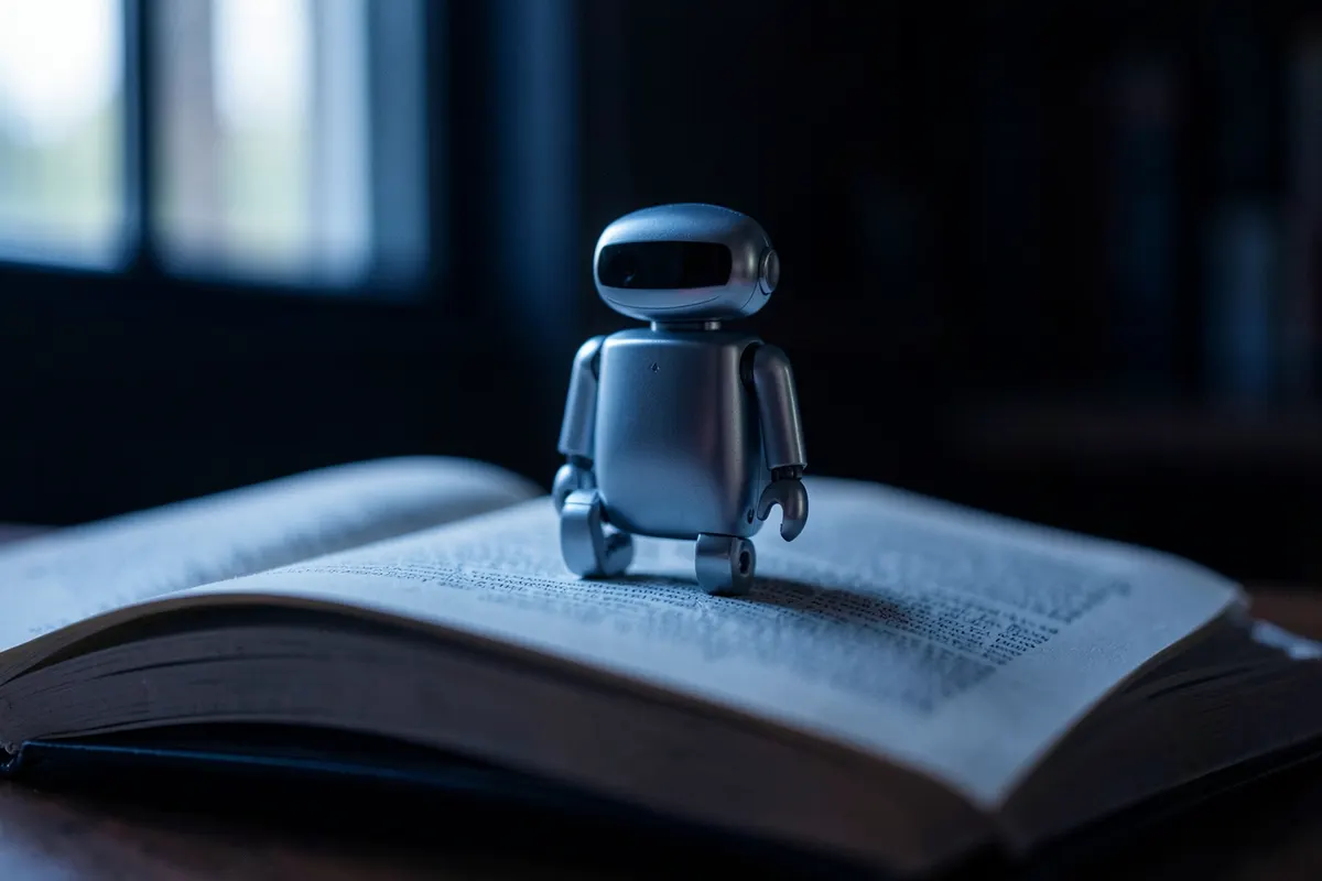Um livro aberto com um pequeno robô sentado em cima dele, em uma mesa de madeira.