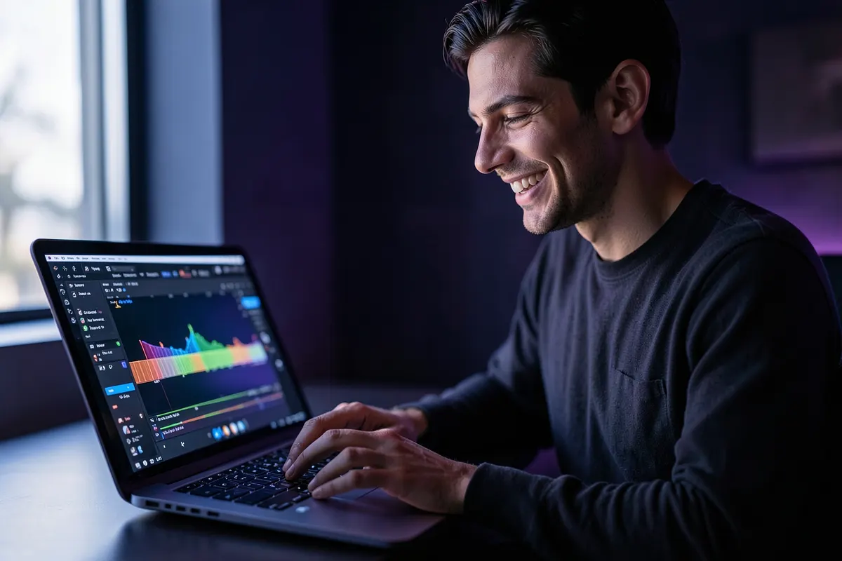 Uma pessoa sorrindo enquanto edita um vídeo em um laptop, com elementos gráficos de IA flutuando ao redor.