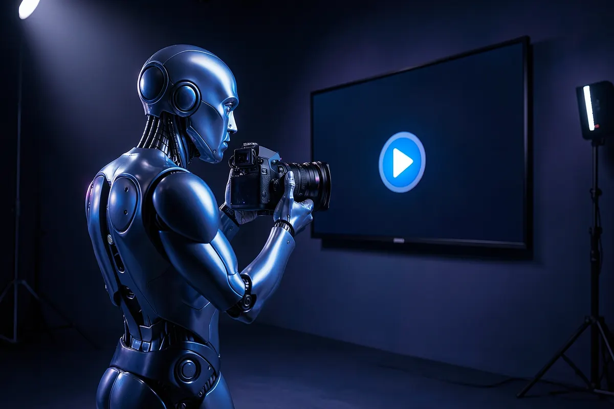 Um robô segurando uma câmera de vídeo e apontando para uma tela que mostra um vídeo com um ícone de "play".