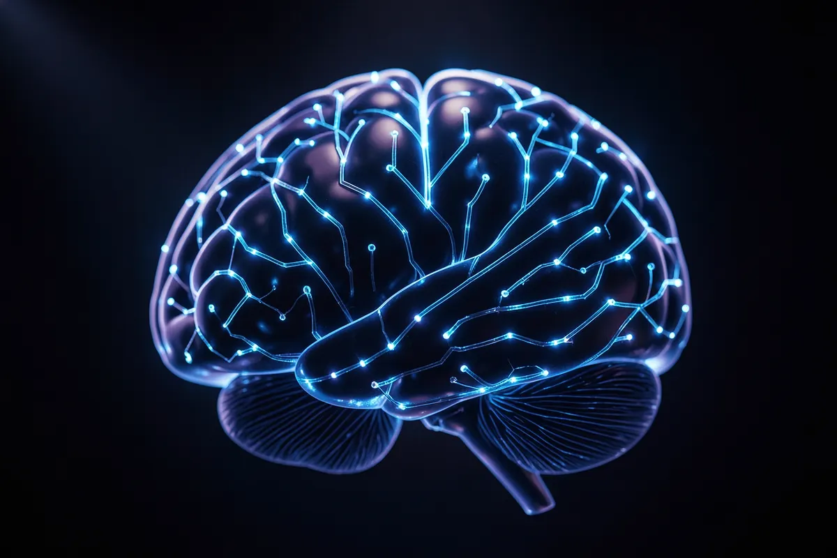 Um cérebro estilizado com circuitos brilhantes e conexões de luz, representando inteligência artificial.