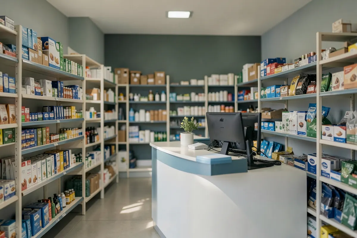 Prateleiras de uma loja organizada com produtos variados, em tons neutros com detalhes em azul.