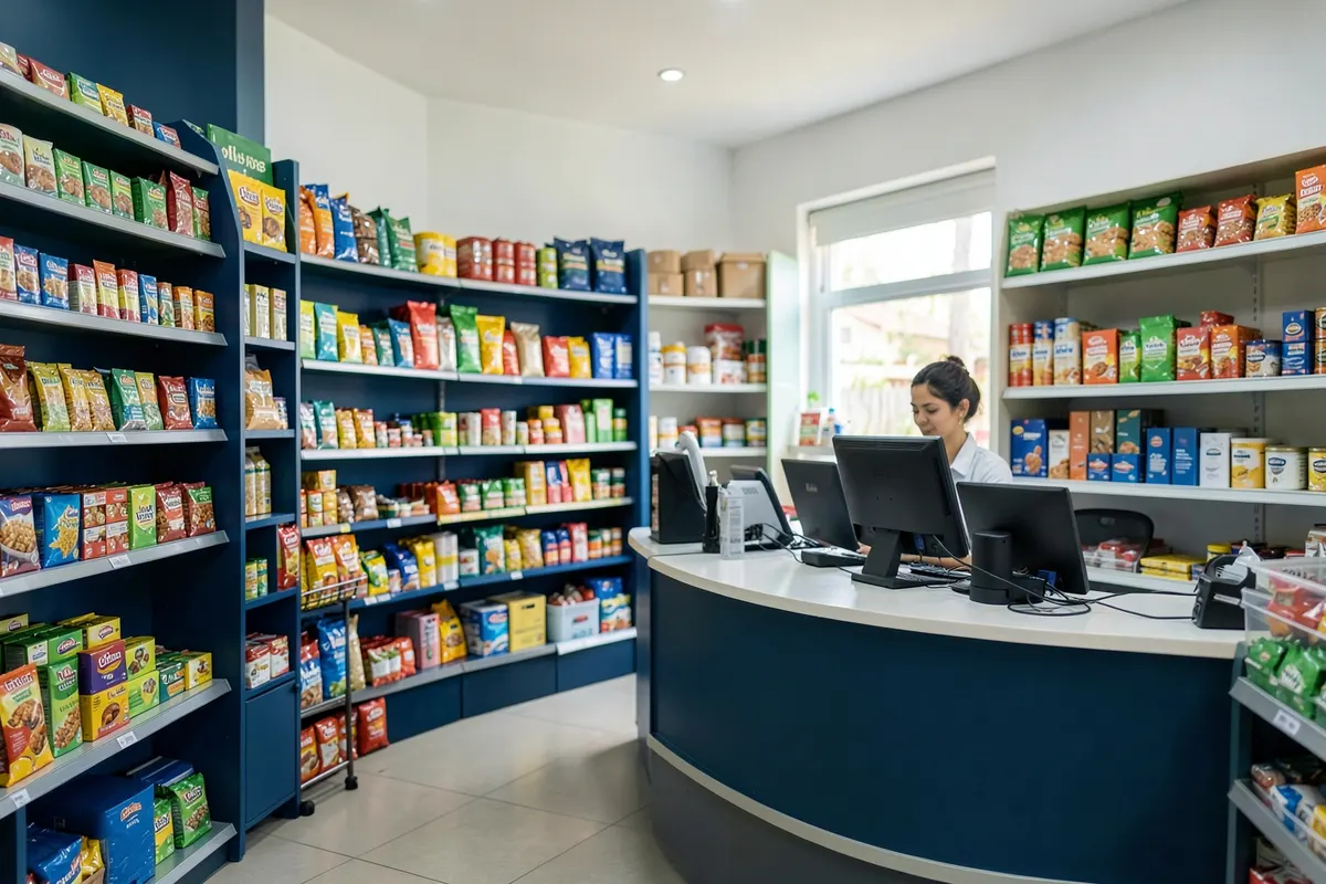 Prateleiras organizadas com produtos variados em uma loja brasileira, com foco em um pequeno display azul.