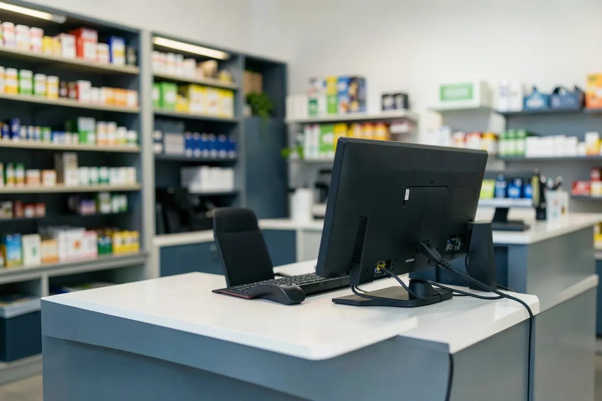 Balcão de atendimento em uma loja brasileira com computador e materiais de escritório organizados.
