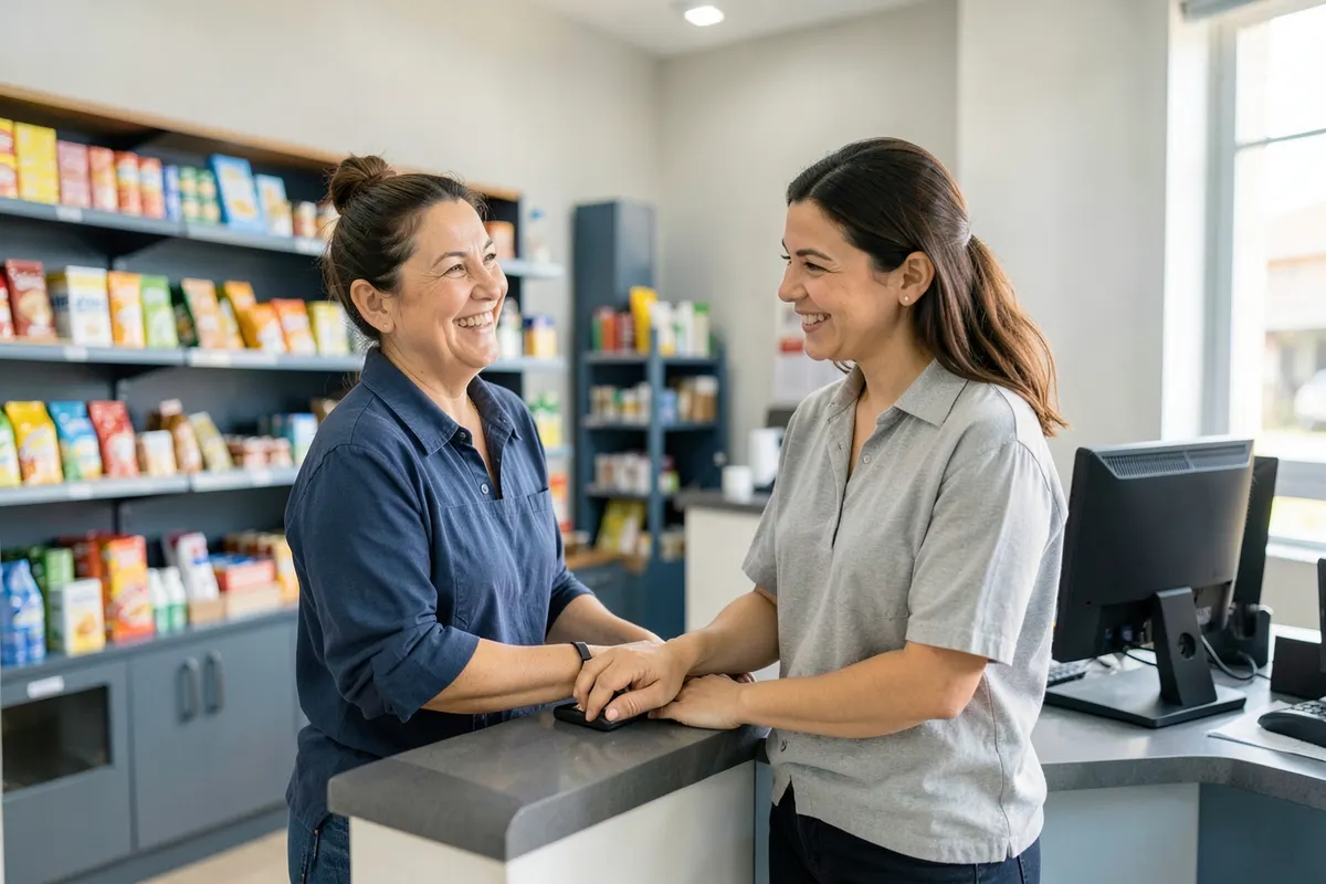Um vendedor sorridente atendendo um cliente em uma loja brasileira moderna e organizada.