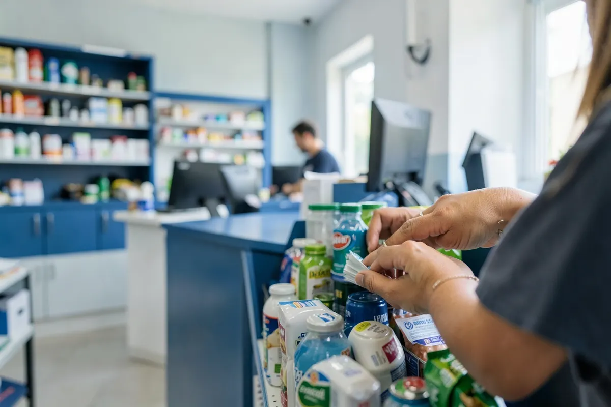 Mão de vendedor organizando produtos em uma prateleira de loja.