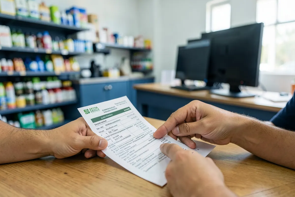 Mãos de um comprador conferindo uma nota fiscal de produtor rural em uma mesa.