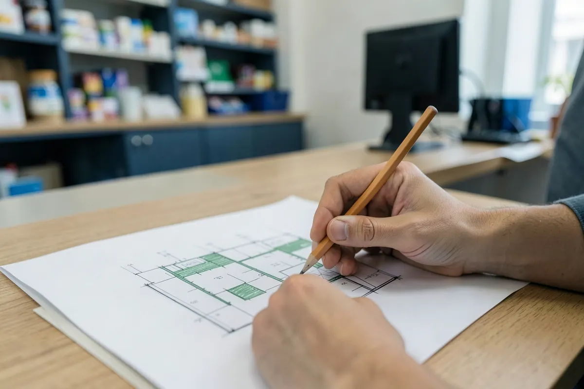 Arquiteto desenhando planta baixa em prancheta.