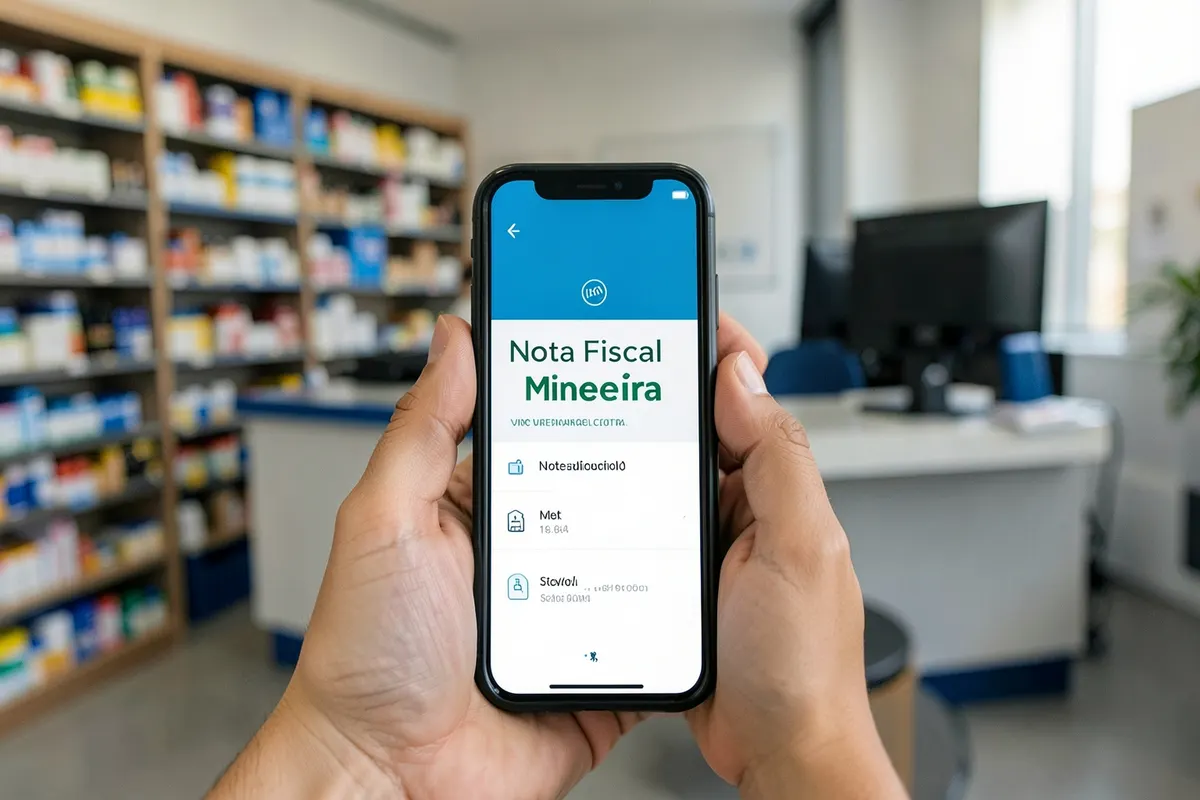 Smartphone exibindo o aplicativo Nota Fiscal Mineira em uma mão.