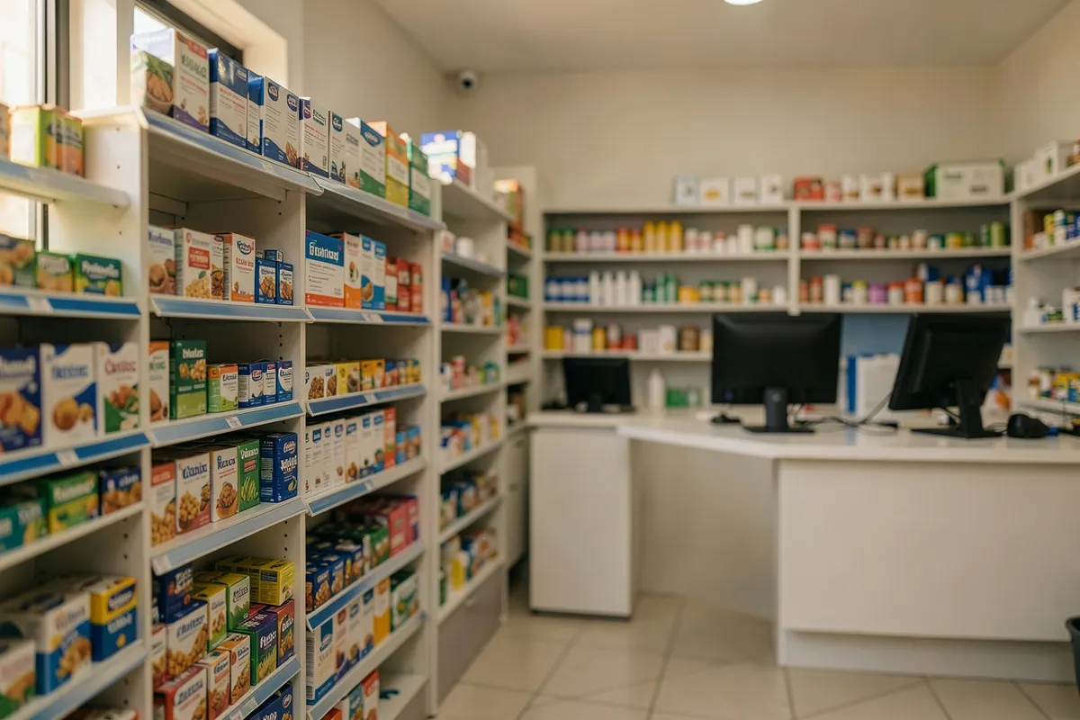 Prateleiras organizadas com produtos em uma loja de pequeno porte com balcão ao fundo.