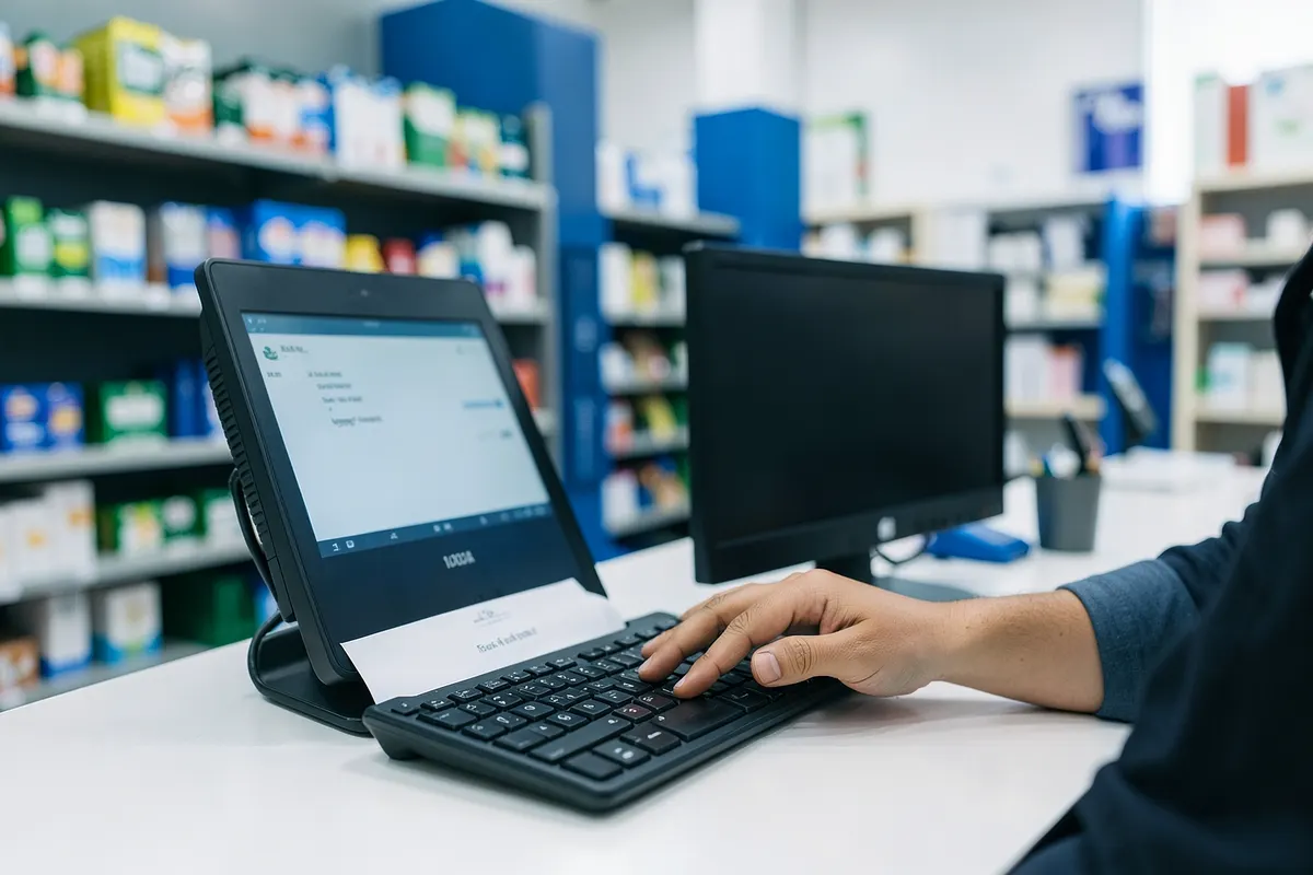 Mão de um vendedor utilizando um computador para emitir nota fiscal em uma loja.
