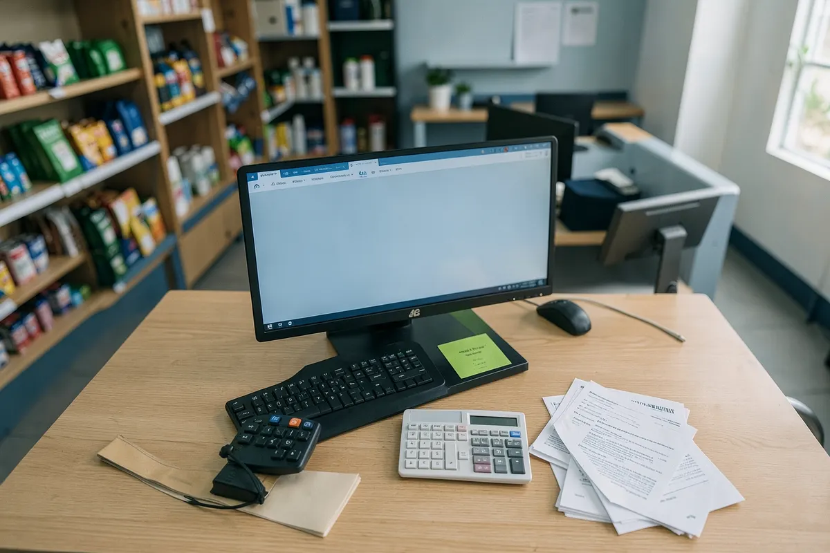 Visão de cima de uma mesa de loja com computador, calculadora e papéis organizados.