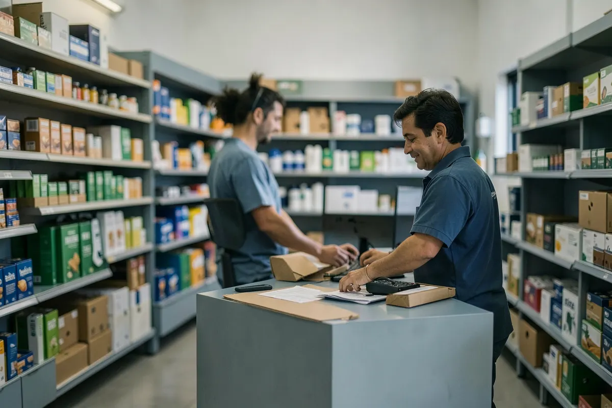 Pessoa organizando caixas de produtos em prateleiras de uma loja.