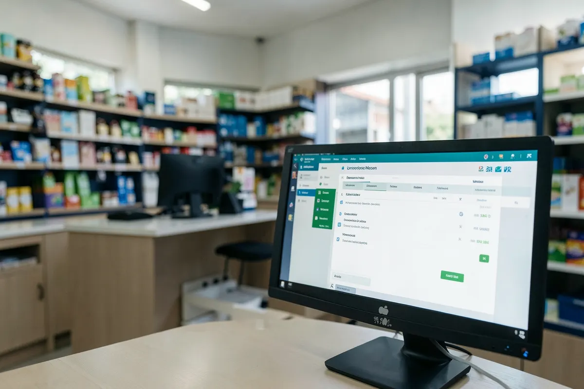 Computador em um balcão de loja exibindo um software de gestão comercial.