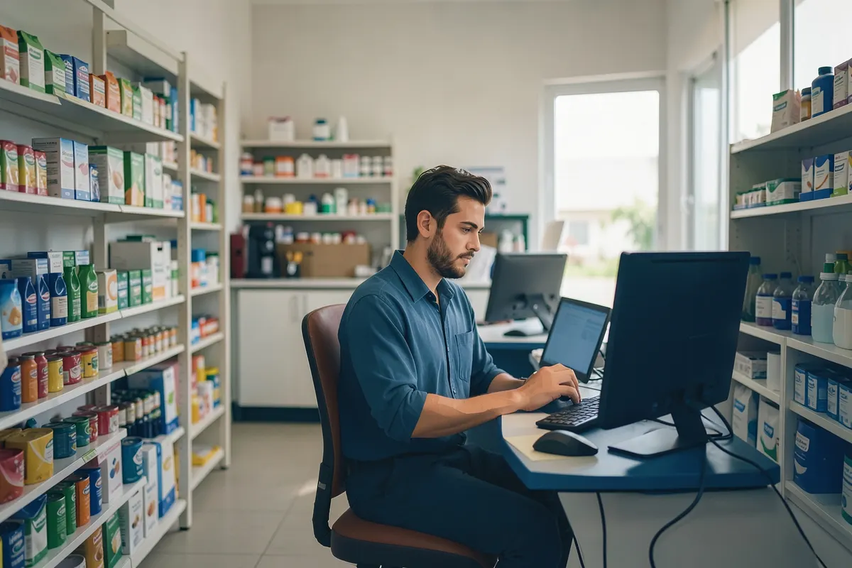 Empreendedor individual em frente a um computador em sua loja.