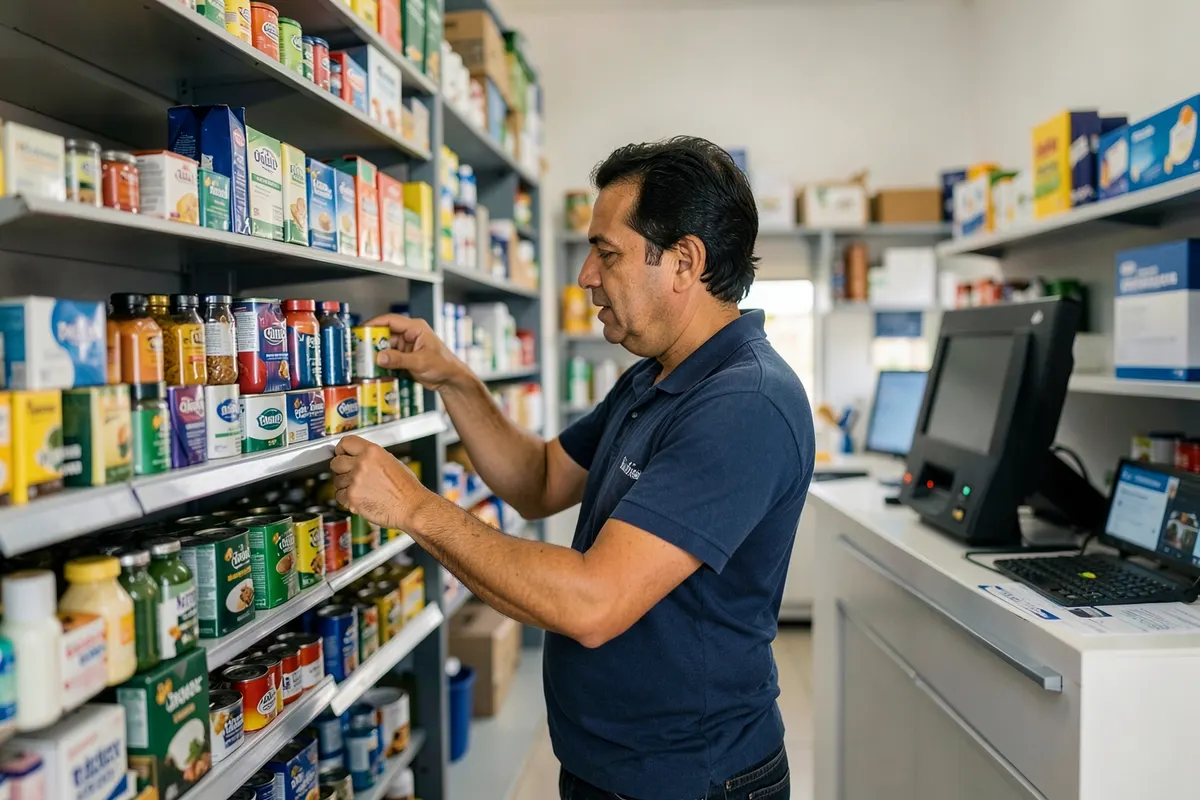 MEI organizando produtos em prateleiras de uma loja pequena.