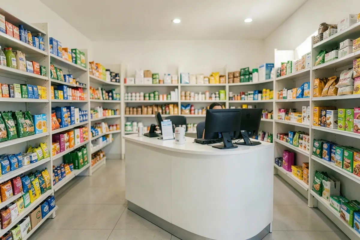 Prateleiras organizadas com produtos variados em uma loja brasileira.