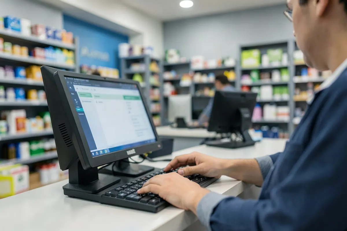 Mão de um vendedor utilizando um computador para emitir nota fiscal.