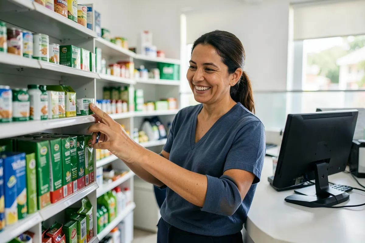 Um pequeno empreendedor sorrindo enquanto organiza produtos em sua loja.