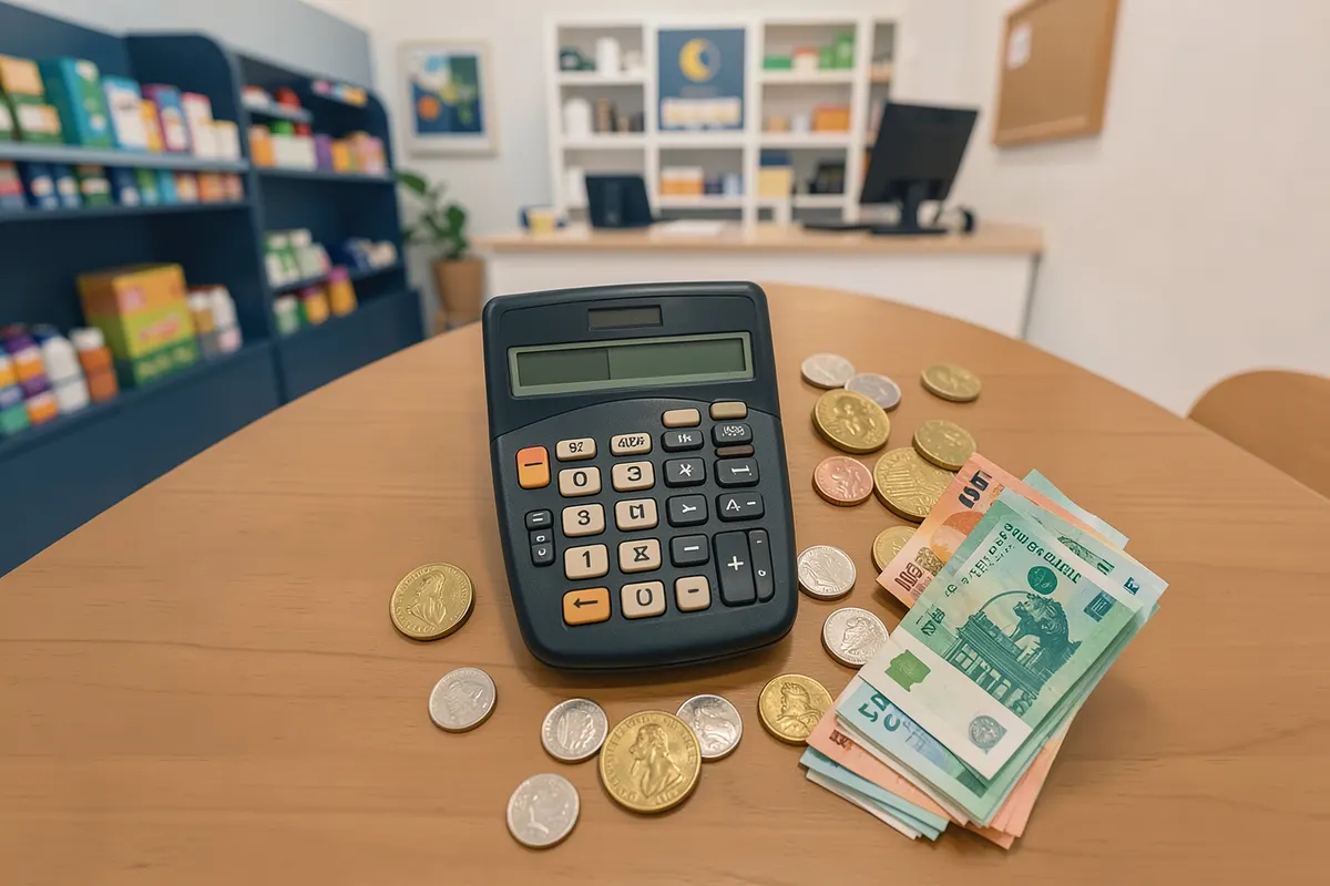 Visão aérea de uma mesa com calculadora, moedas e notas de dinheiro organizadas.