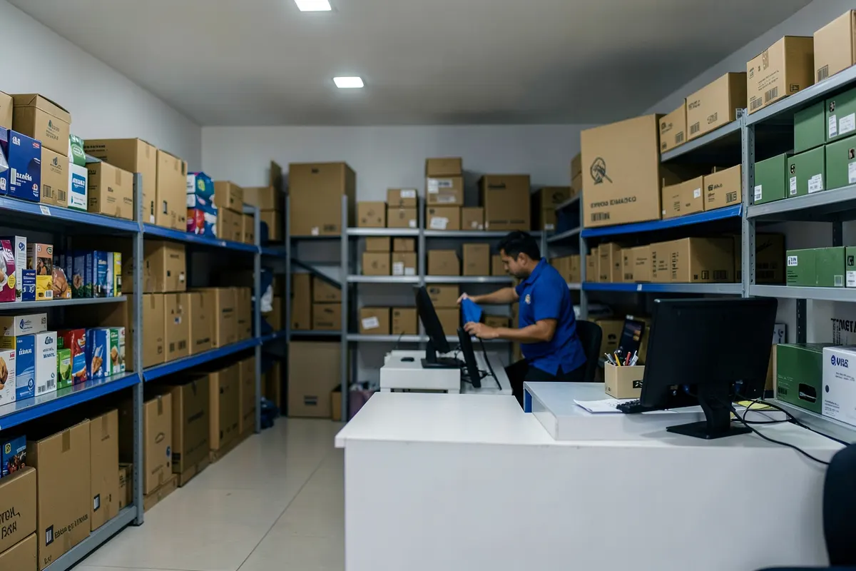 Caixas de produtos empilhadas em um armazém, com uma pessoa verificando uma prateleira.