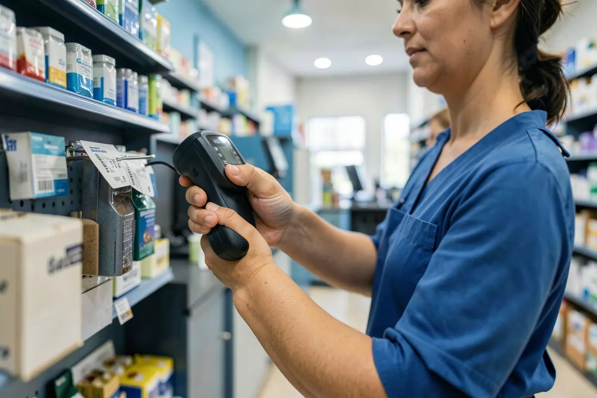Um funcionário usando um scanner para verificar o código de barras de um produto em uma prateleira.