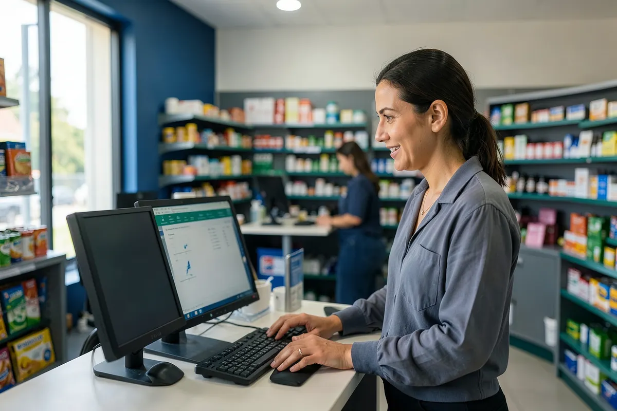 Lojista sorrindo enquanto olha para um computador com gráficos simples em uma loja organizada.